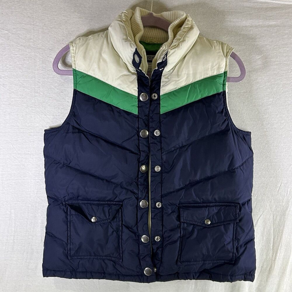 Old Navy Down Puffer Vest Women's Large Green Blue White Zips & Snaps Y2K 90s - Picture 1 of 9